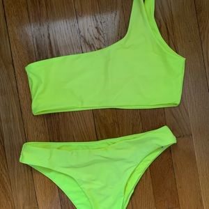 Neon yellow one shoulder swim suit